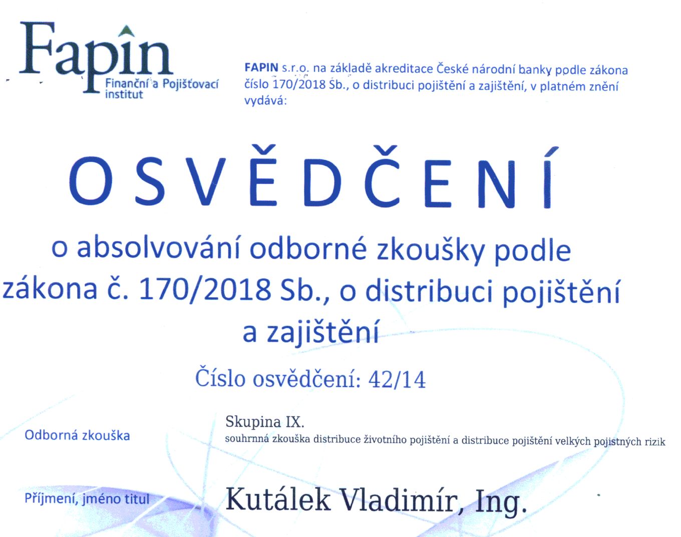 Osvědčení o zkoušce z pojištění